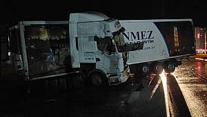 TIR KAYGANLAŞAN YOLDA KONTROLDEN ÇIKTI