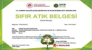 EDİRNE BELEDİYESİNE SIFIR ATIK TESCİLİ
