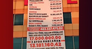 Keşan Belediyesi’nin borçları belediye binasına asıldı